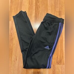 Adidas black track pants with purple stripes zippered ankles and Climacool tech